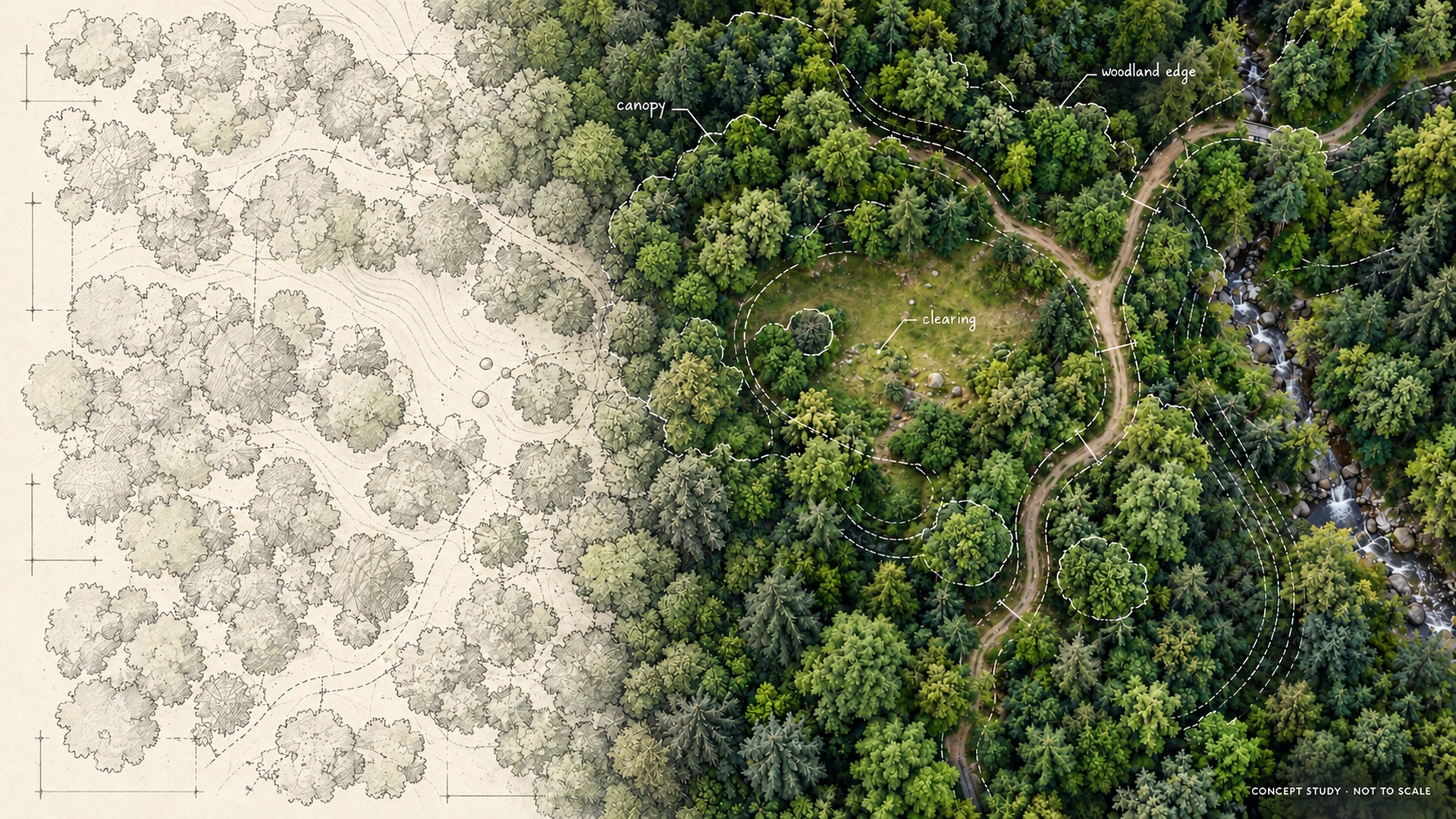 Concept illustration of a forest landscape seen from above, transitioning from a pencil plan on ivory paper to green canopy, paths and a stream